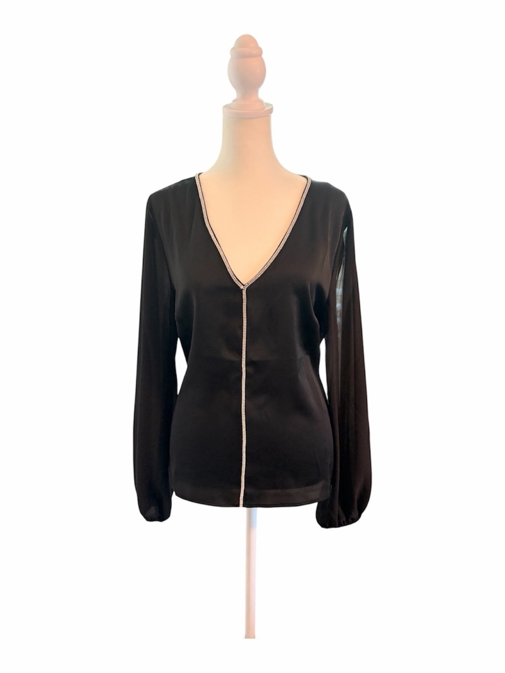 Vince Camuto Black V-Neck Blouse with Rhinestone Trim